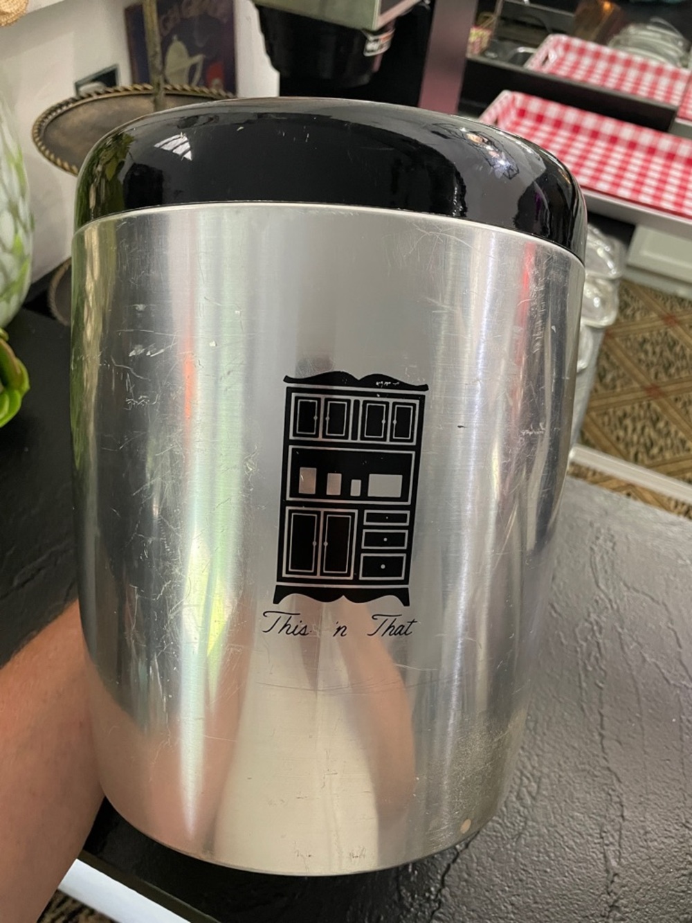 Vintage West Bend Stainless Silver Canister with Black Lid - "This 'n That"